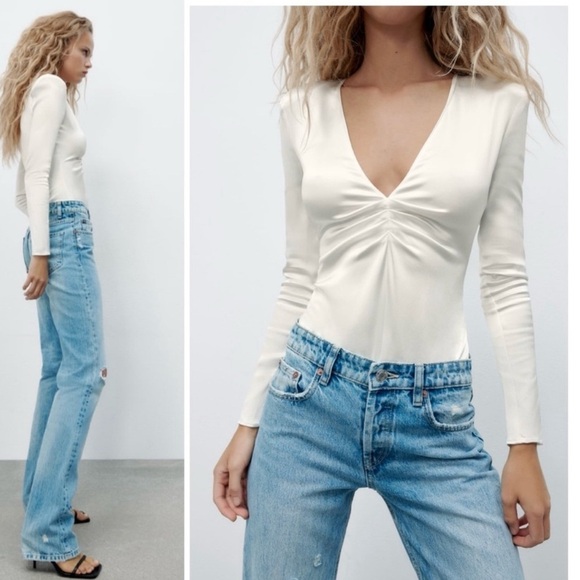 Zara white satin effect ruched long sleeve V-neck bodysuit Sz XL NWOT - Picture 3 of 13
